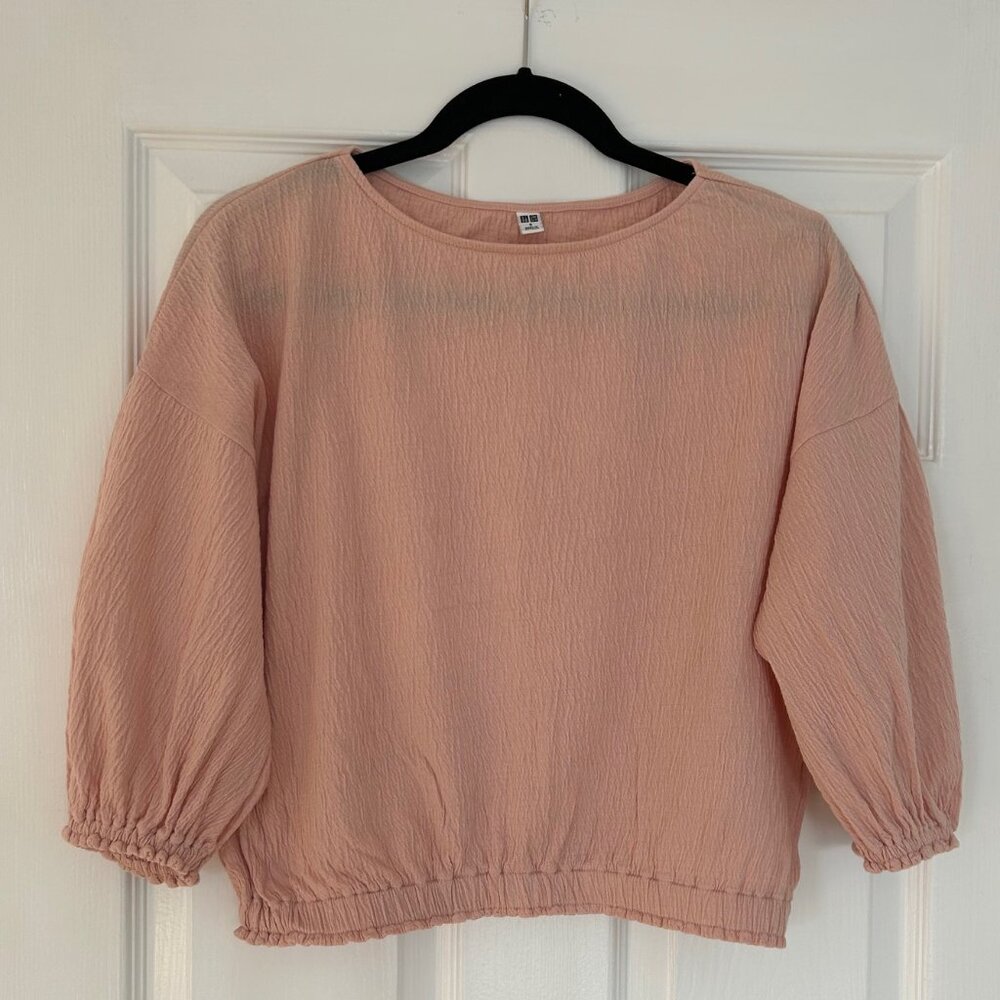 UNIQLO Blush Pink Textured Blouse | Size S | Balloon Sleeves | Elastic Hem